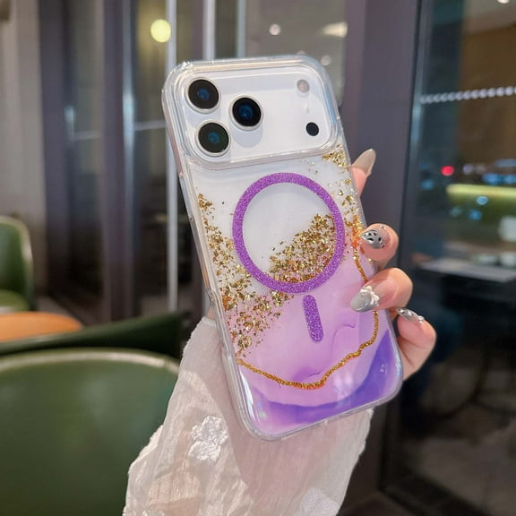 Magnetic for iPhone 17 Pro Max Case, Gold Foil Drip Glitter Ultra Slim Phone Case [Compatible with Mag-Safe] Shockproof Anti-fall Sparkly Cute Women Girl Protective Cover Case,Purple