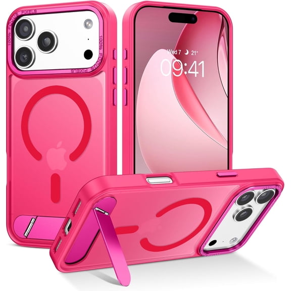 Magnetic for iPhone 17 Pro Max Case with Invisible Stand [Compatible with Magsafe] Translucent Matte Phone Case for 17 Pro Max Slim Kickstand Shockproof Women Men Cases Cover, Hot Pink