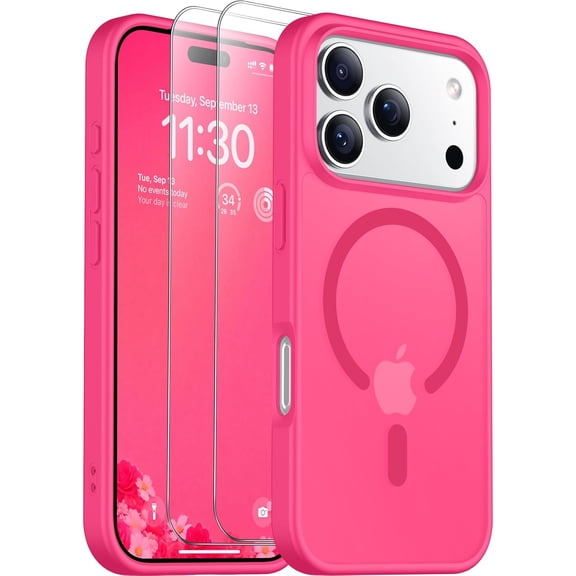 Magnetic for iPhone 17 Pro Max Case, Translucent Matte Case with 2PCS Tempered Glass Screen Protector Anti-Scratch Anti-Fingeprint Slim Phone Case for iPhone 17 Pro Max 6.9'', Hot Pink