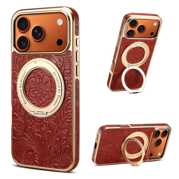 Magnetic for iPhone 17 Pro Max Floral Embossed PU Leather Case, Classic Invisible Ring Holder Stand [Compatible with MagSafe] Ultra Slim Kickstand Shockproof Drop Protective Phone Cover, Red