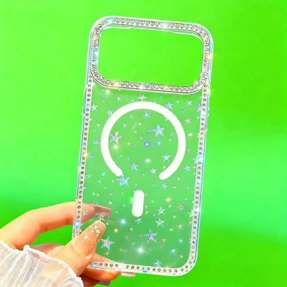 Magnetic For iPhone 17 Pro Max Phone Case,Compatible with Mag-Safe,Luxury Bling Diamond Frame Camera Ring Design,Glitter Sparkly Cute For Women Girls,Shockproof Anti-fall Phone Case,D