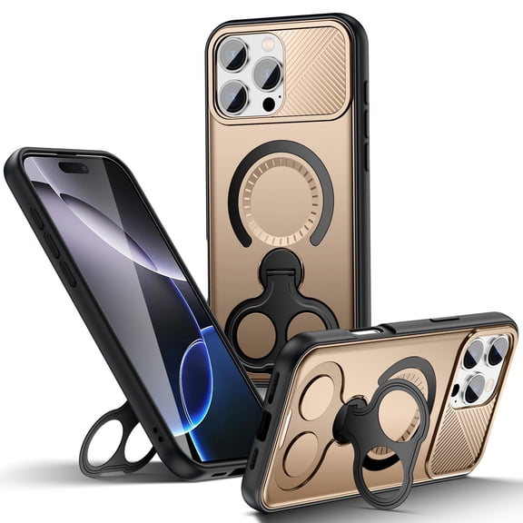 Magnetic For iPhone 17 Pro Max Phone Case,With 360° Rotatable Double Ring Kickstand,Wireless Charging Compatible,Heavy Duty Shockproof Protection Anti-fall Durable Rugged Phone Case,Gold