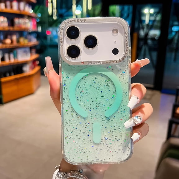 Magnetic for iPhone 17 Pro Phone Case [Compatible with Mag-Safe] [Diamond-set Around Camera] Bling Sequin Sparkle Transparent Shockproof Protective Slim Case Cover for iPhone 17 Pro,Green
