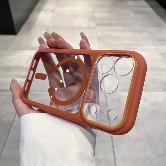 Magnetic For iPhone 17 Pro Phone Case,Crystal Transparent Back Design,Compatible with Mag-Safe,Anti-scratch Shockproof Drop Protection,Anti-slip Rugged Ultra Slim Phone Case Cover,Orange