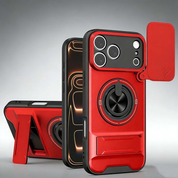 Magnetic For iPhone 17 Pro Phone Case,With Camera Cover,With 360°Rotatable Ring Holder,Heavy Duty Shockproof Anti-fall Drop Protection,With Contractile Kickstand,Durable Phone Case,Red