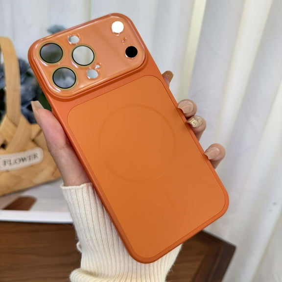 Magnetic For iPhone 17 Pro Phone Case,With Lens Protector,Compatible with Mag-Safe,Anti-scratch Ultra Slim Shockproof Protection,Anti-fingerprint Matte Glossy Thin Fit Phone Case,Orange