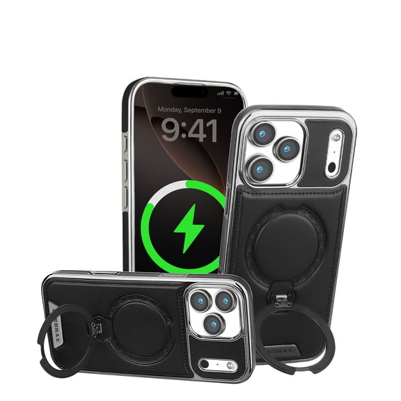 Magnetic for iPhone 17 Pro Premium PU Leather Case,Invisible 360 Rotating Stand [Compatible with Magsafe] Slim Kickstand Shockproof Phone Cover For iPhone 17 Pro,Black