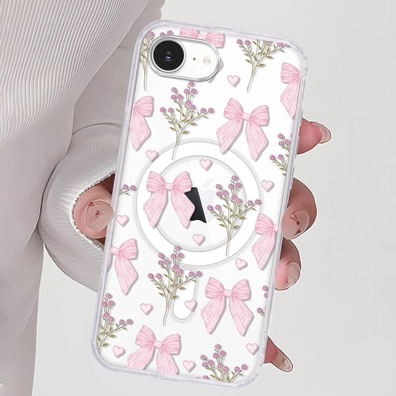 Magnetic for iPhone 17e/iPhone 16e Case, Pink Bow Phone Case, Wireless Slim Clear Pretty Girly Ribbon Aesthetic for Girls Women Shockproof TPU Case Cover for iPhone 17e/iPhone 16e 6.1 Inch