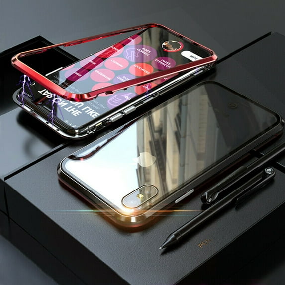 Magnetic iPhone 8 Case - (Red) Double Sided Tempered Glass Screen Protector Shockproof and Scratch Resistant Protection