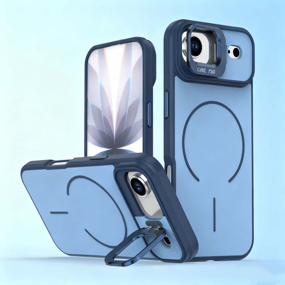 Magnetic For iPhone Air Phone Case,Compatible with Mag-Safe,With Contractile Lens Ring Kickstand,Anti-fingerprint Matte Shockproof Anti-fall Drop Protection,Durable Phone Case,Blue