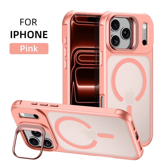Magnetic For iPhone Air Phone Case,Compatible with Mag-Safe,With Contractile Lens Ring Kickstand,Ultra Slim Shokcproof Anti-fall Matte Anti-fingerprint Back,Durable Phone Case,Pink