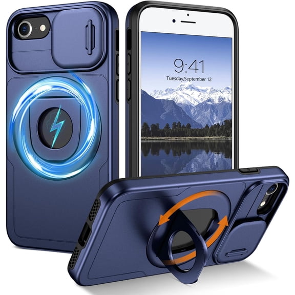 for Magnetic iPhone SE Case 2022/2020, iPhone 7/8 Case [Compatible with Magsafe] Kickstand Ring Holder Translucent Design Shockproof Protective Bumper Girls Women Boys Men Magnet Cover, Blue