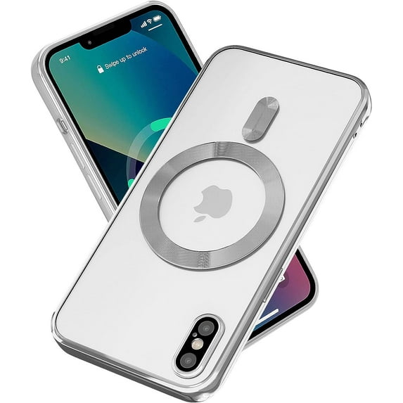Magnetic for iPhone X Case for iPhone Xs Case,Electroplated Clear Slim iPhone X/iPhone Xs Case with Camera Protection,Shockproof iPhone X/iPhone Xs Case Compatible with MagSafe, Silver Edge