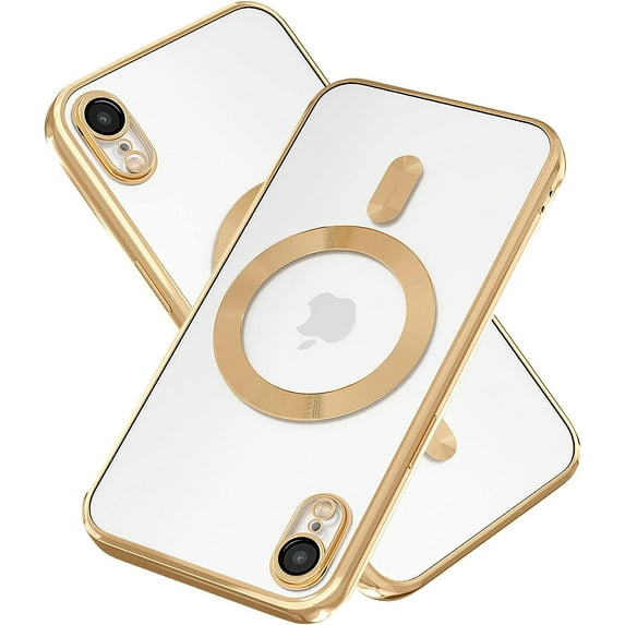Magnetic for iPhone XR Case,Electroplated Clear Slim iPhone XR Phone Case with Camera Protection,Shockproof iPhone XR Case Compatible with MagSafe, Gold Edge