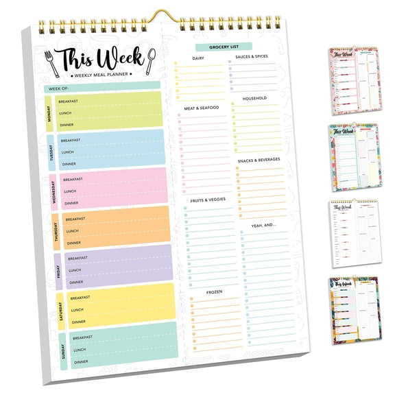 Magnetic meal planner for fridge, 52 undated weekly sheets with grocery list, durable spring bound notepad, easy tear off pages, multicolor