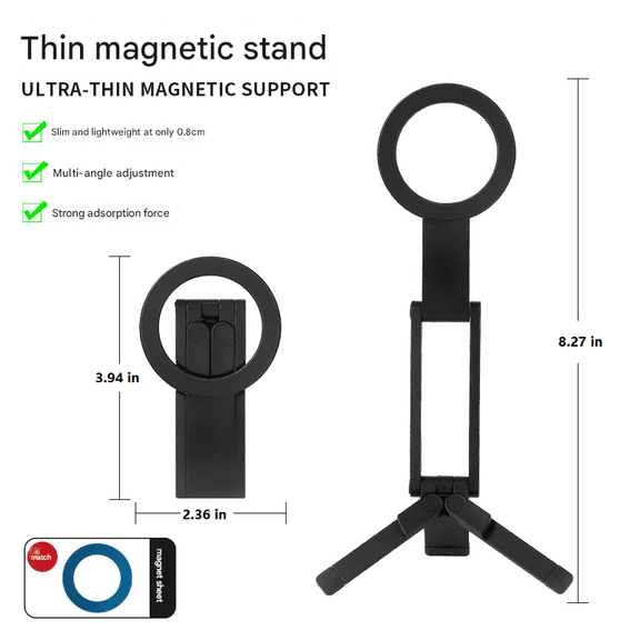 Magnetic mobile phone tripod, foldable portable handheld selfie stick, and desktop stand, used for live streaming, video recording, and travel photography, black/silver