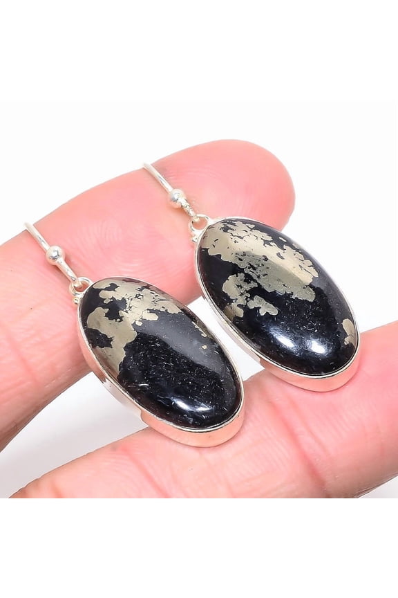 Magnetite In Pyrite 925 Sterling Silver Handmade Earring 1.58" T8, Iron Pyrite Earring, Christmas Gift, New Year Sale, Gemstone Silver Jewelry