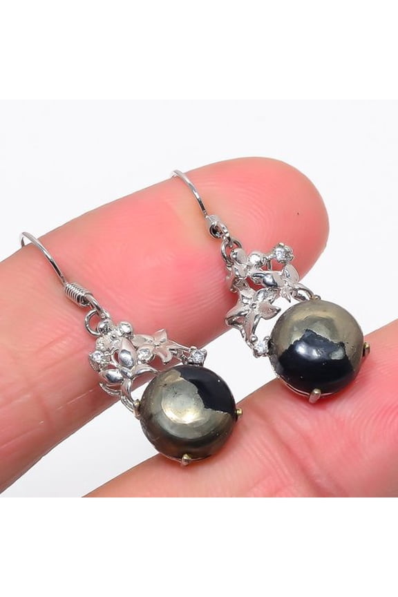 Magnetite In Pyrite & Cubic Zirconia 925 Sterling Silver Earring 1.37" S2083, Iron Pyrite Earring, Christmas Gift, New Year Sale, Gemstone Silver Jewe