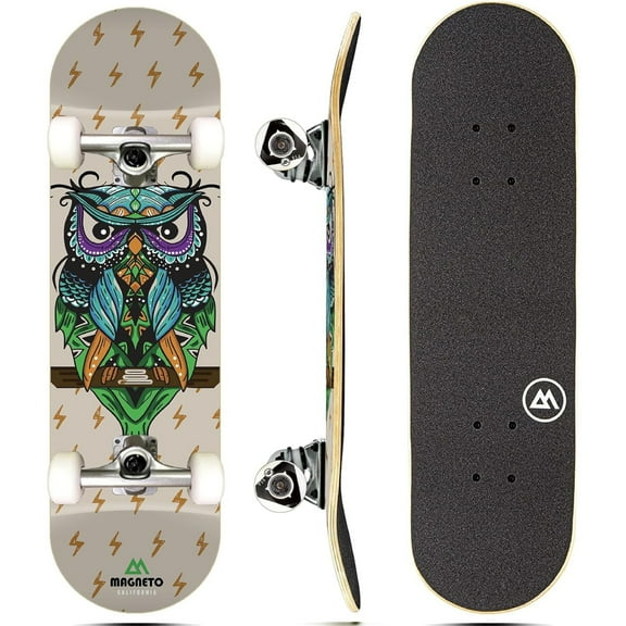 Magneto Wise Owl Skateboard - Kicktail Cruiser Longboard Cool Design - Trick-Ready Double Kicktail Deck - 27.5 in x 7.75 in, 7-Ply Maple Deck