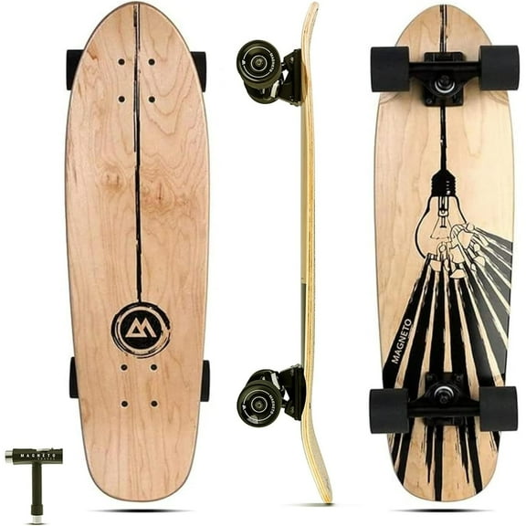 Magneto Cruiser Skateboard - Carving & Cruising Children's Skateboard - Double Kicktail & Concave Cruiser Board Deck - Kids Long Board for Beginners - 27.5" x 7.5", Light Bulb, Maple Wood