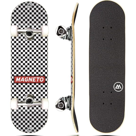 Magneto Skateboard - 9-Ply Maple Deck for Kid Skateboarders & Teen Beginners - Double Kicktails & ABEC-5 Bearings for Trick Moves - Smooth Cruiser Board Rides for Teen Girls - 27.5x7.75 in, Checkered