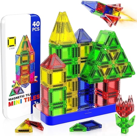 Mini Magnetic Tiles, 40 PCS Travel Magnetic Blocks with Tin, STEM Educational Building Set Construction Toys for Ages 3+,Boys Girls Toddlers Birthdays Day Gift