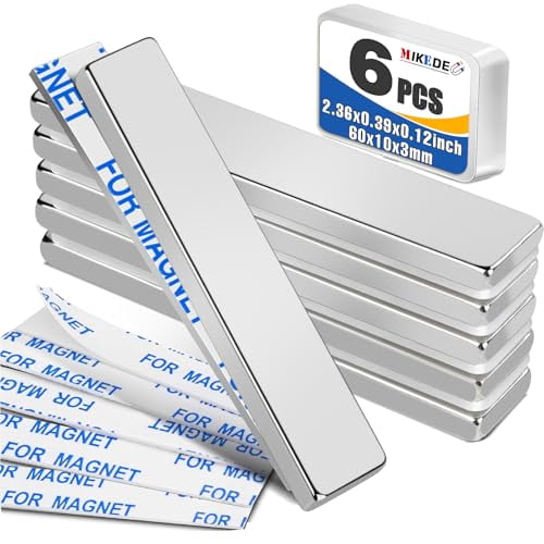 Magnets 6pcs Neodymium Magnet 2.36x0.39x0.12inch Strong Rare Earth with Adhesive Backing Heavy Duty Fridge Magnetic Strips Refrigerator Blocks Crafts Extra Super Sticky Bar 60x10x3mm (Silver)