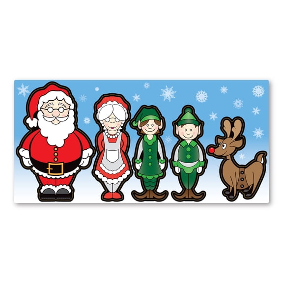Magnets, Set of 5 Christmas Figurine Magnets, Santa Claus, Mrs. Claus, Elves, Rudolph, 1.5" x 4" - 3.25" x 5" Each