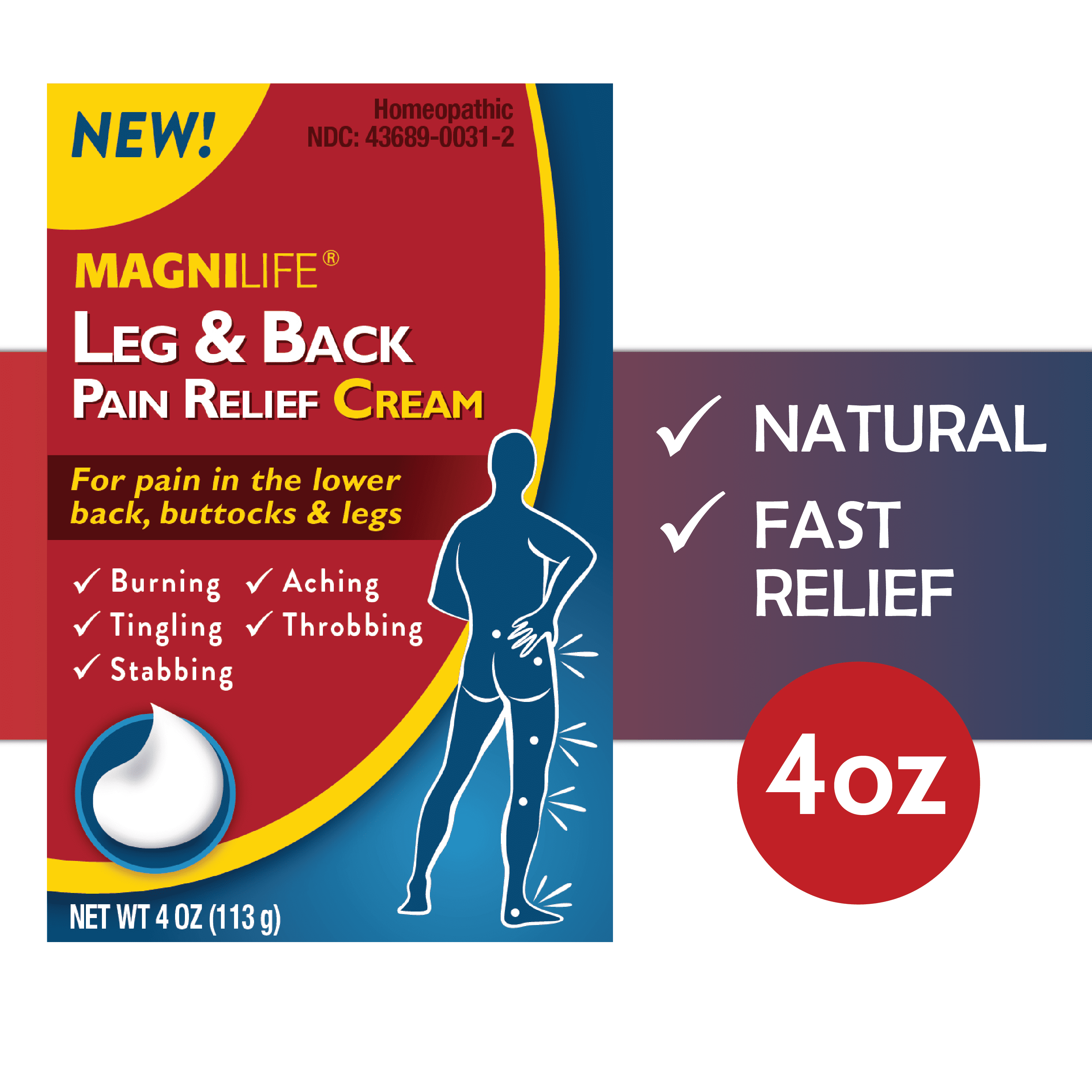 MagniLife Leg & Back Pain Relief Cream, for Fast Relief of Lower Back,  Buttocks & Leg Pain, 4 oz