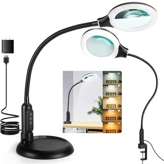 MagnieOpti Lighted Magnifying Glass with Clamp & Stand , 5 Color Modes Stepless Dimmable, Flexible Gooseneck LED Desk Lamp Hands Free for Craft Reading Painting Hobby Close Work
