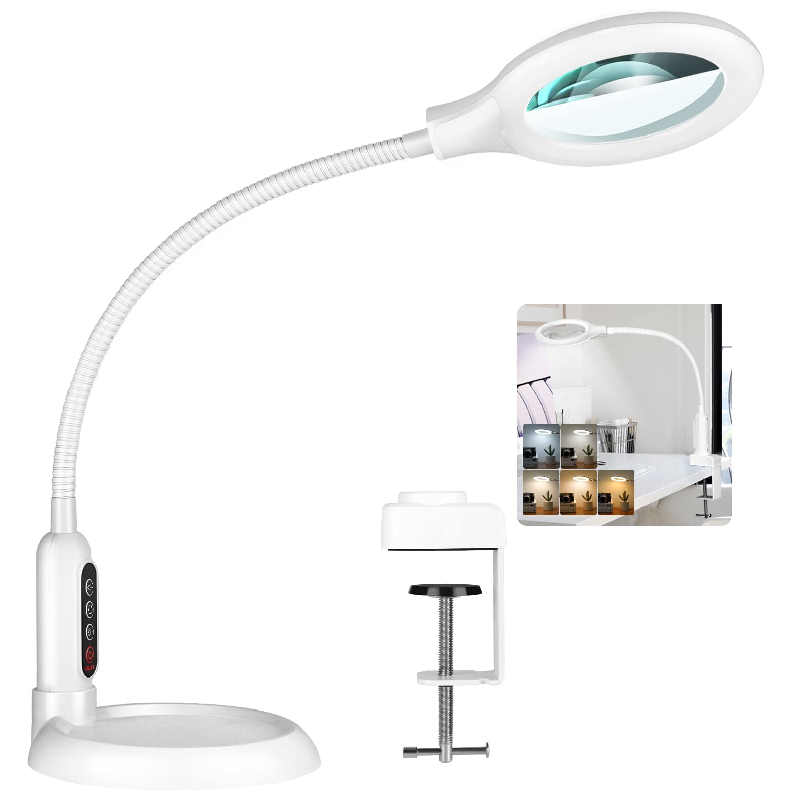 MagnieOpti Lighted Magnifying Glass with Clamp & Stand ,5 Color Modes Stepless Dimming, Hands-Free Flexible Gooseneck LED Lamp  for Craft Reading Repair