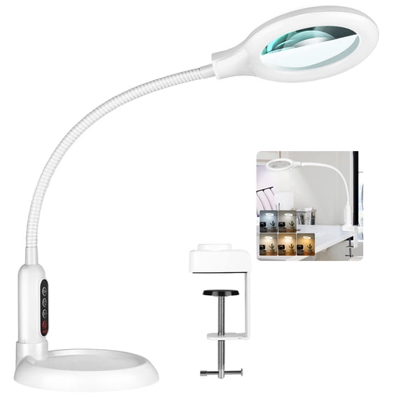 MagnieOpti Lighted Magnifying Glass with Clamp & Stand ,5 Color Modes Stepless Dimming, Hands-Free Flexible Gooseneck LED Lamp for Craft Reading Repair