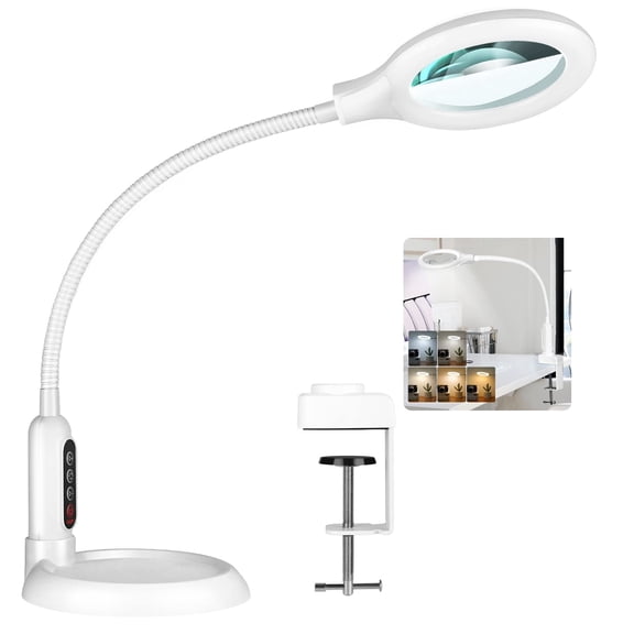 MagnieOpti Lighted Magnifying Glass with Clamp & Stand ,5 Color Modes Stepless Dimming, Hands-Free Flexible Gooseneck LED Lamp for Craft Reading Repair