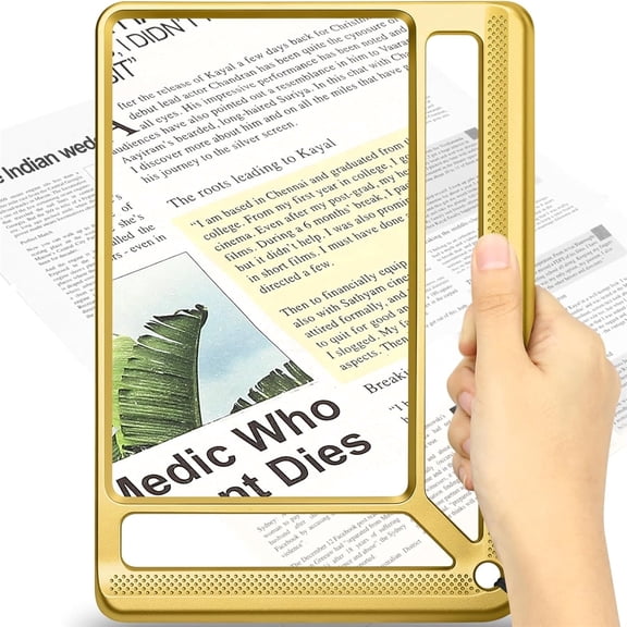 MagnieOpti Lightweight Full Page Rectangular Magnifying Glass, Large Viewing Area for Seniors Reading Fine Print, Low Vision,Gold