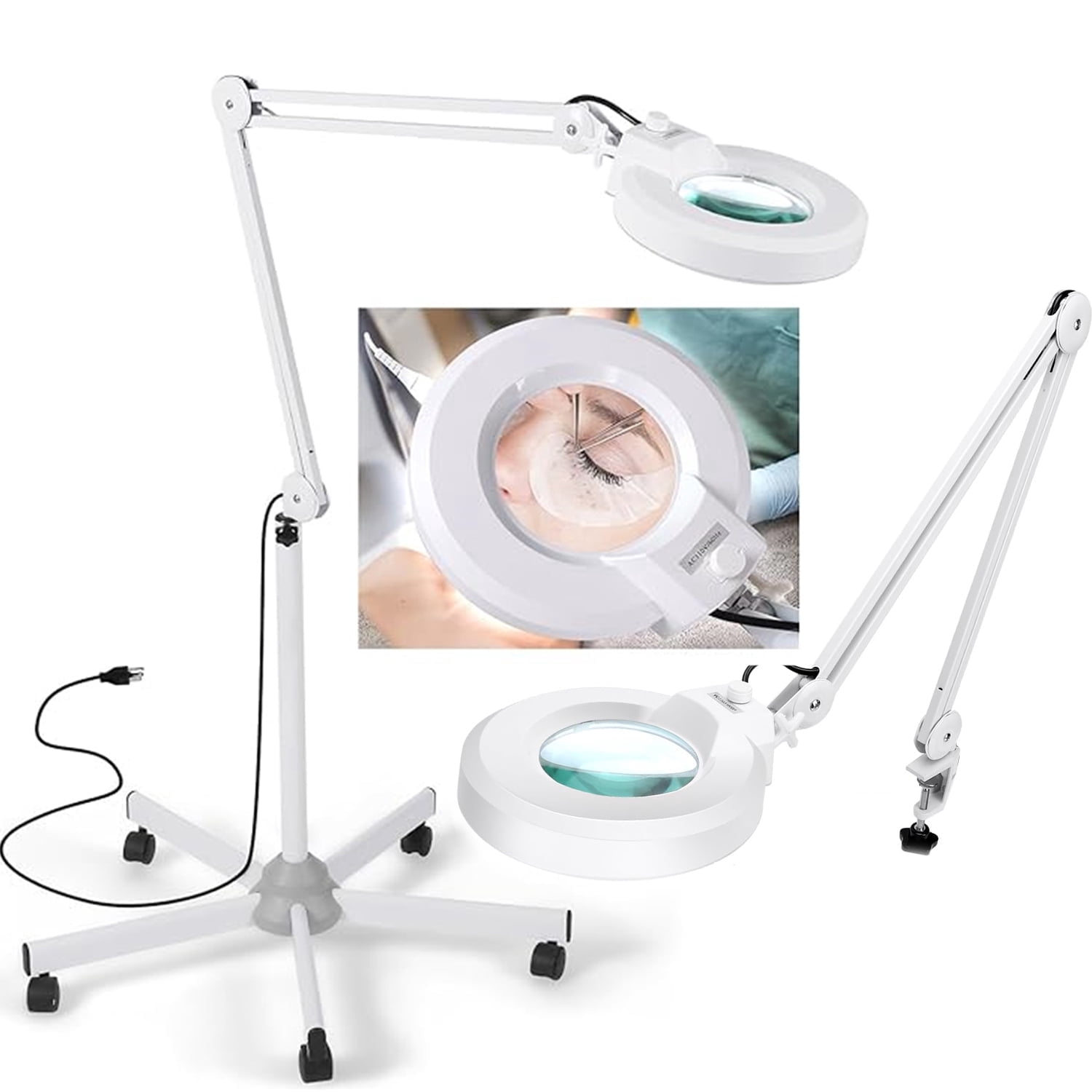 MagnieOpti Magnifying Glass with Light and Stand, Floor Lamp with 5 Wheels Rolling Base for Lash Estheticians Facials, 2200 Lumens Stepless Dimmable, LED Lighted Standing Magnifier for Sewing Crafts