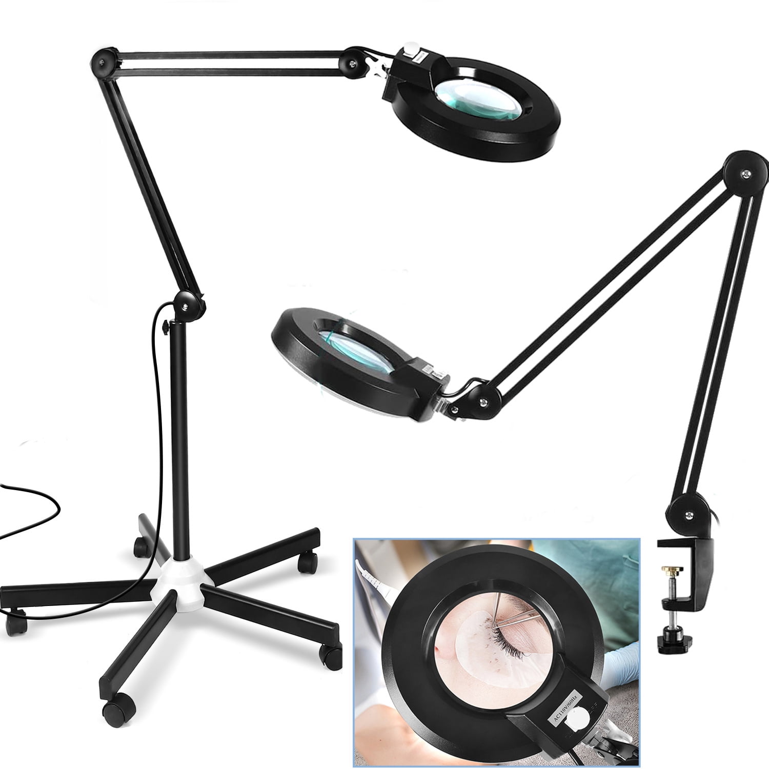 MagnieOpti Super Bright 2,200 Lumens Magnifying Glass with Light and Stand, Floor Lamp with 5 Wheels Rolling Base for Lash Estheticians, Stepless Dimmable, LED Lighted Magnifier for Sewing Crafts