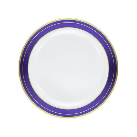Magnificence White w/ Blue and Gold Rim 10.25" Plastic Banquet Plates, 10ct.