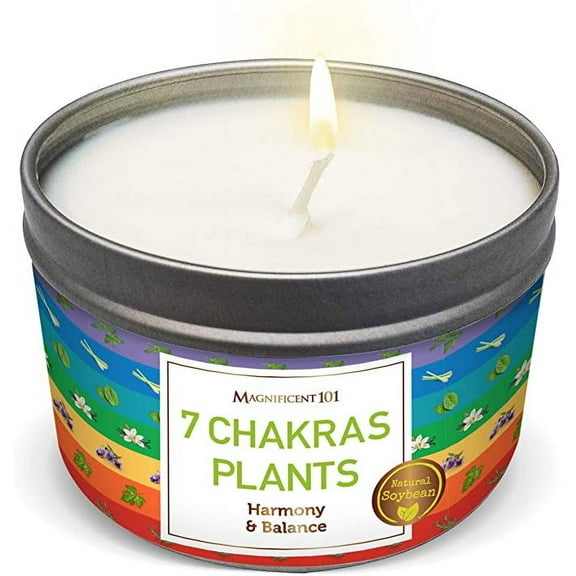 Magnificent 101 Long Lasting 7 Chakras Plants Smudge Candle | 6 Oz - 35 Hour Burn | Paraffin Free Soy Wax Candle For House Energy Cleansing, Harmony, Balance & Manifestation