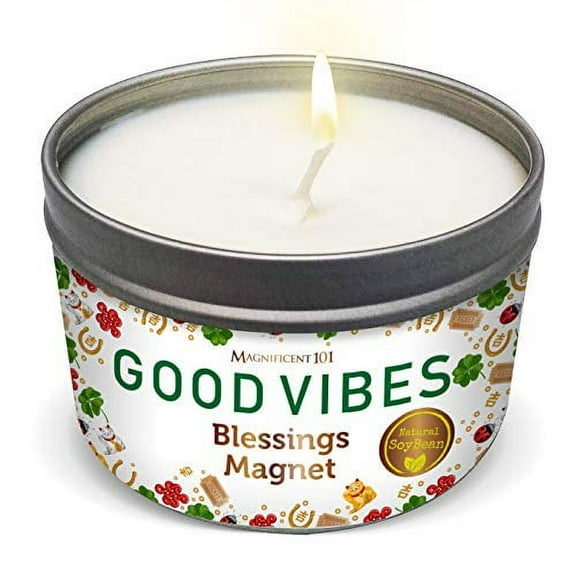 Magnificent 101 Long Lasting Good Vibes Aromatherapy Candle | 6 Oz - 35 Hour Burn | Soy Wax Candle with Sage, Bergamot & Sandalwood for Energy Cleansing, Blessing Magnet & Manifestation