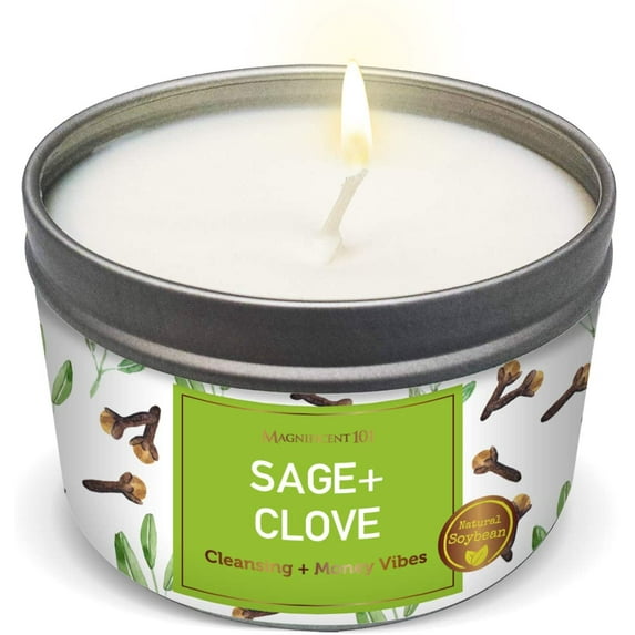 Magnificent 101 Long Lasting Sage + Clove Scented Smudge Candle | 6 Oz - 35 Hour Burn Time | Soy Wax Candle for House Energy Cleansing & Manifestation | Energize Your Financial Journey