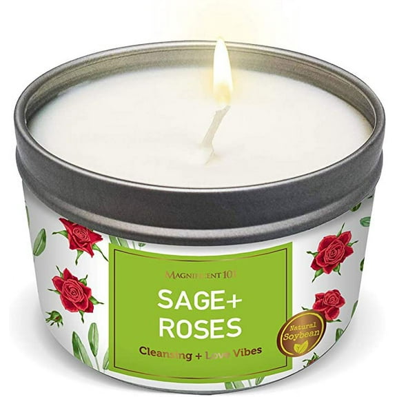 Magnificent 101 Long Lasting Sage + Roses Scented Candle | 6 Oz - 35 Hour Burn | Paraffin Free Soy Candle for House Energy Cleansing, Positive Romantic Aura & Manifestation