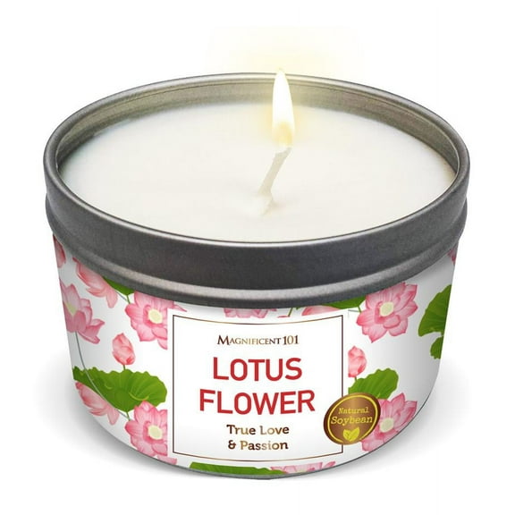 Magnificent 101 Lotus Flower Aromatherapy Candle 6 Oz - 24 Hour Burn | Soy Wax Tin Candle for True Love & Passion, Purification, Manifestation & Chakra Healing