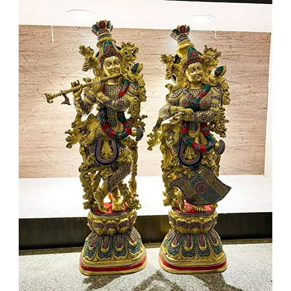 Magnificent Large Brass Radha Krishna Statue with Stonework.74 cm Tall.Home Temple Statue.Home Decor.Wedding Gift by SAMSKRITIONLINE