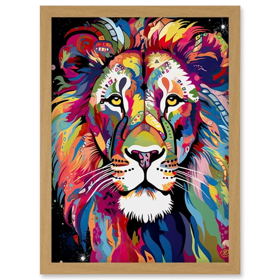 Magnificent Lion Head Psychedelic Folk Portrait Colourful Vibrant Bold Jungle Artwork Framed Wall Art Print A4