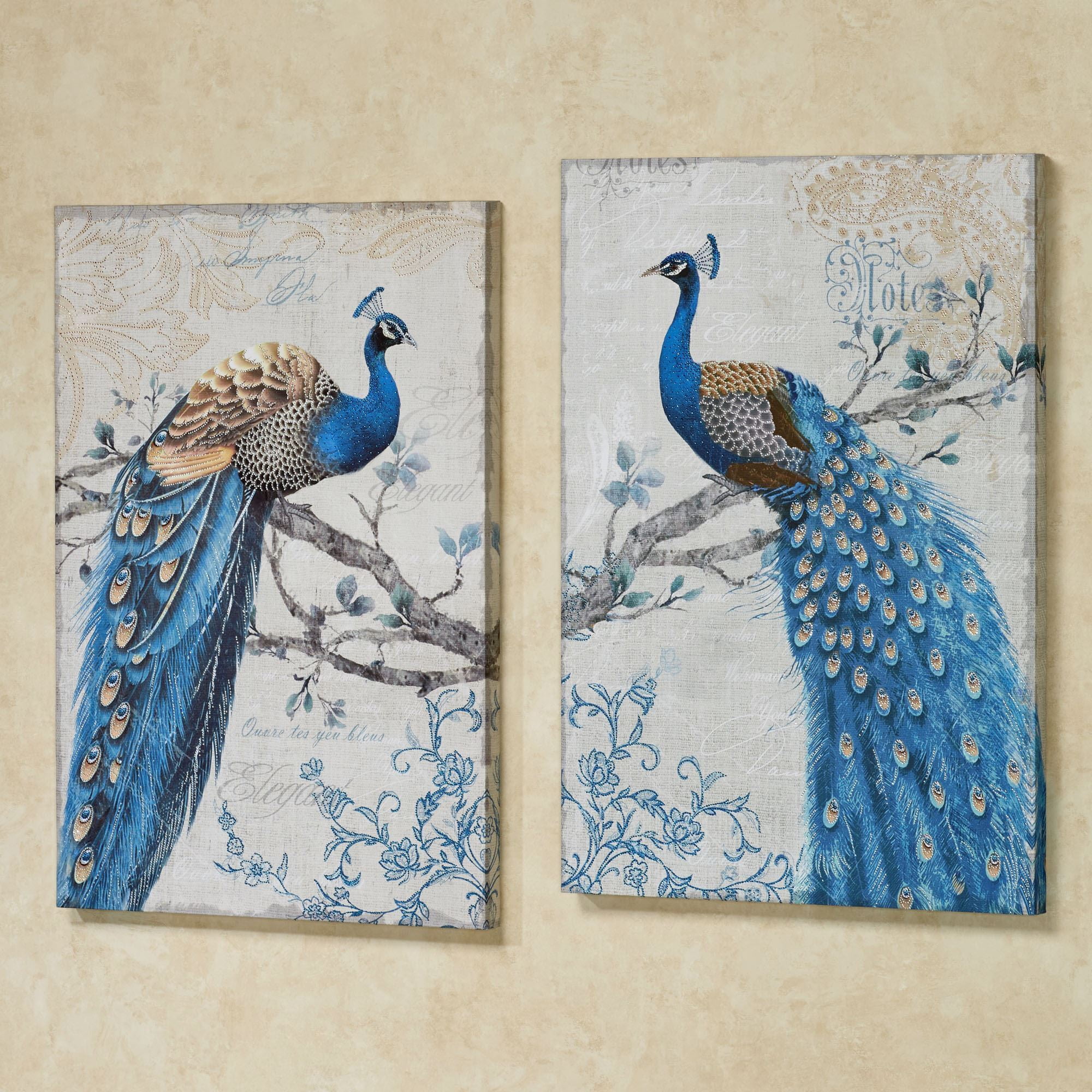 Magnificent Peacock Giclee Canvas Wall Art Set with Bead Details Blue Set of 2