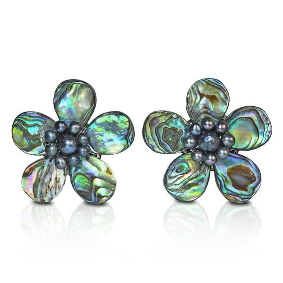 Magnificent Rainbow Abalone Shell Flower Clip On Earrings