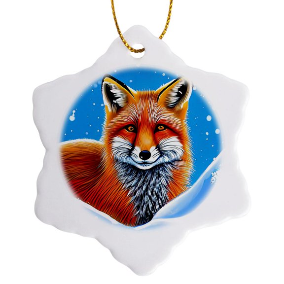 3drose, Magnificent Red Fox in Snow, Winter Snowfall. Cool Digital Art Gift, 3 inch Snowflake Porcelain Ornament