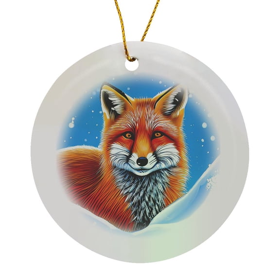 3drose, Magnificent Red Fox in Snow, Winter Snowfall. Cool Digital Art Gift, Circle Porcelain Ornament