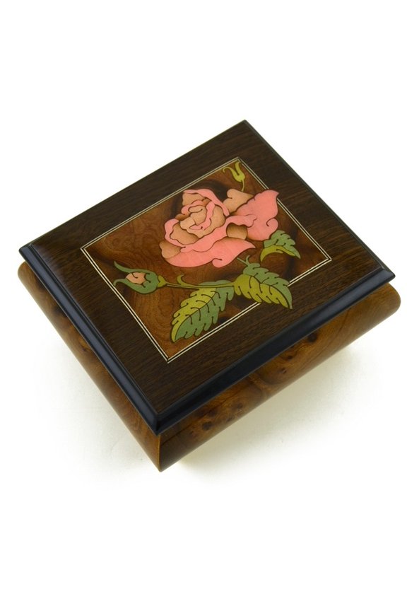 Magnificent Single Pink Rose Musical Box From Sorrento, Italy - Merry Widow Waltz, The
