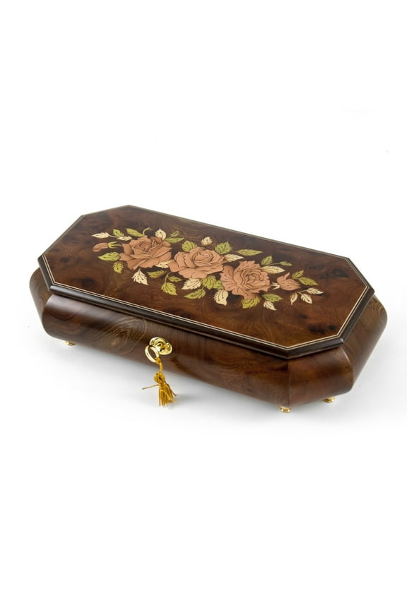 Magnificent Three Pink Roses 30 Note Musical Jewelry Box - Scarsborough Fair